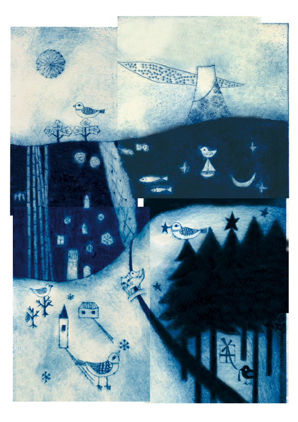小鳥 青 クリスマス もみの木 星 雪 森のお家 海 富士山　雲 お日様  紙版画
