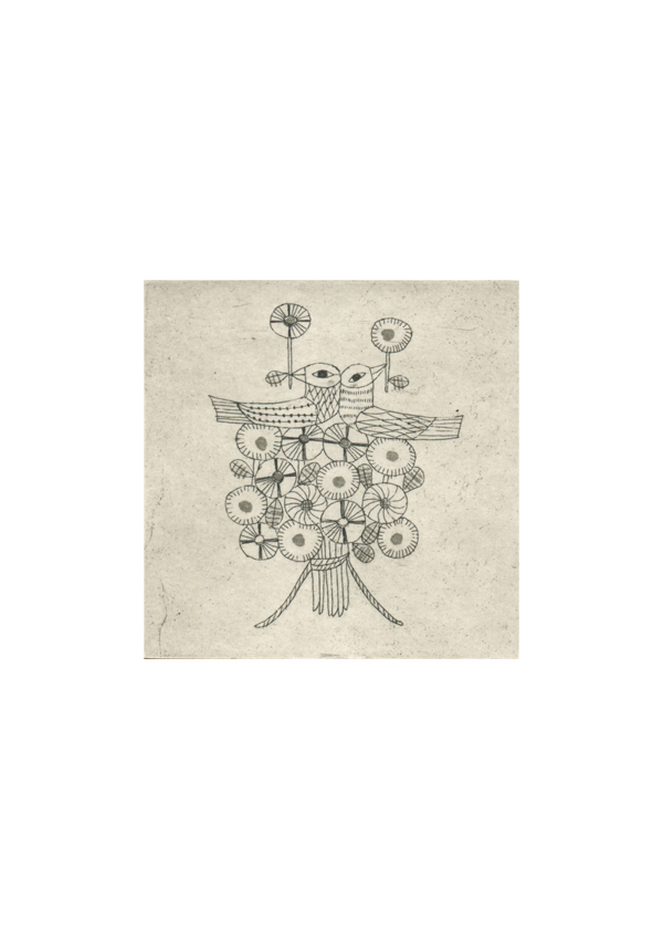ひな菊 リボン 花束 小鳥 モノクロ銅版画