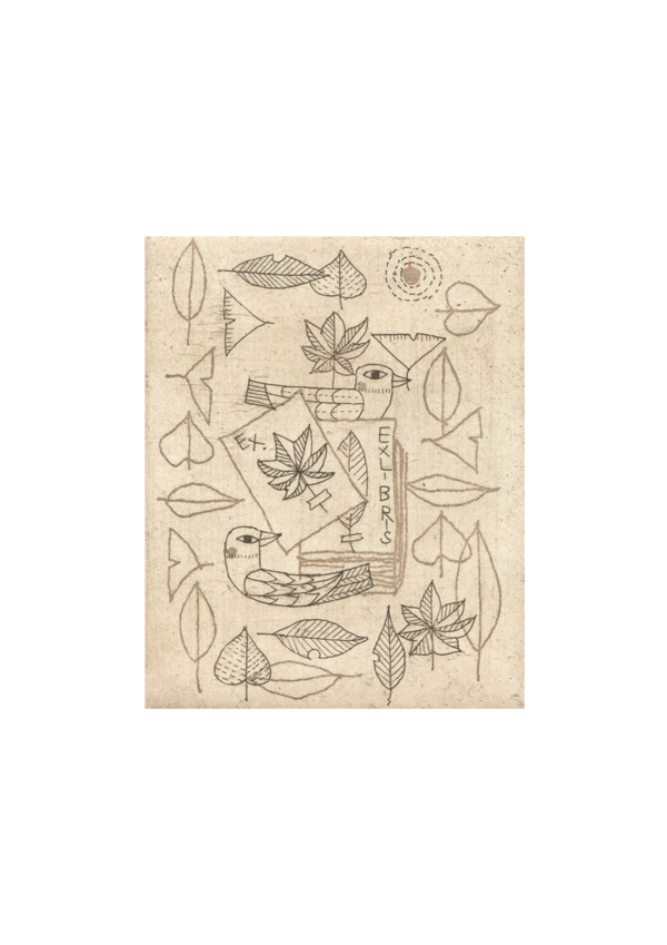 落ち葉 Exlibris 小鳥 赤茶 カラー銅版画