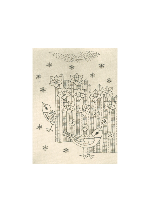 モノクロ　ミニ銅版画　小鳥　水仙　雪