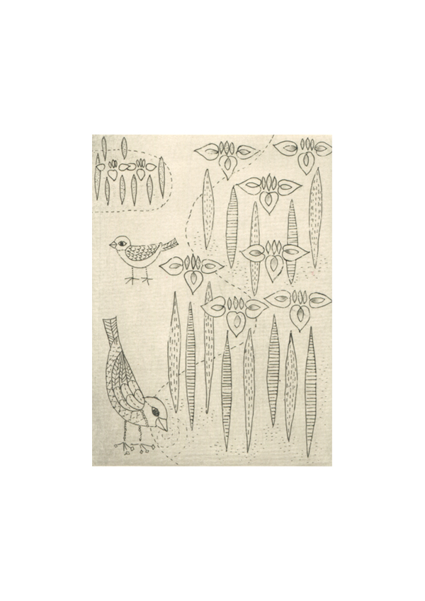 モノクロ　ミニ銅版画　小鳥　菖蒲　池