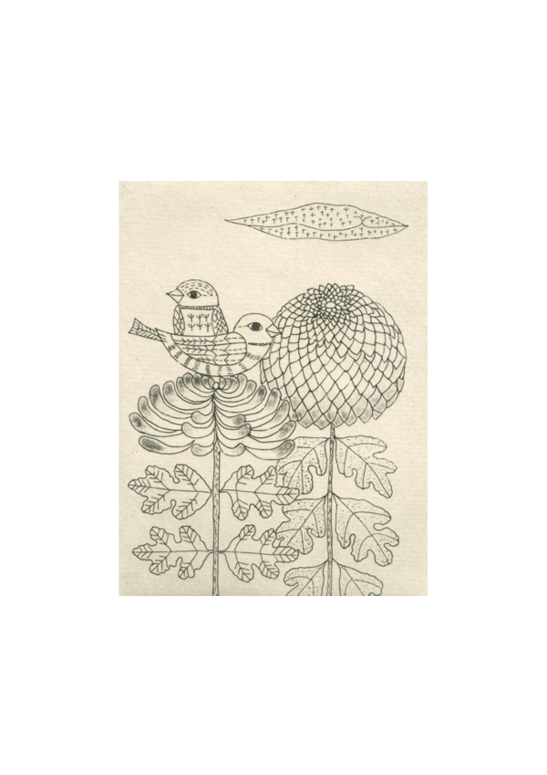 モノクロ　ミニ銅版画　小鳥　菊