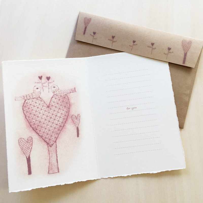 メッセージカード クラフト紙封筒 ハートの木 ハート ピンク 小鳥