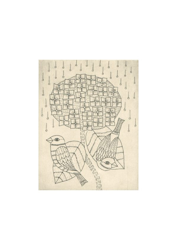 モノクロ　ミモノクロ　ミニ銅版画　小鳥　あじさい　雨